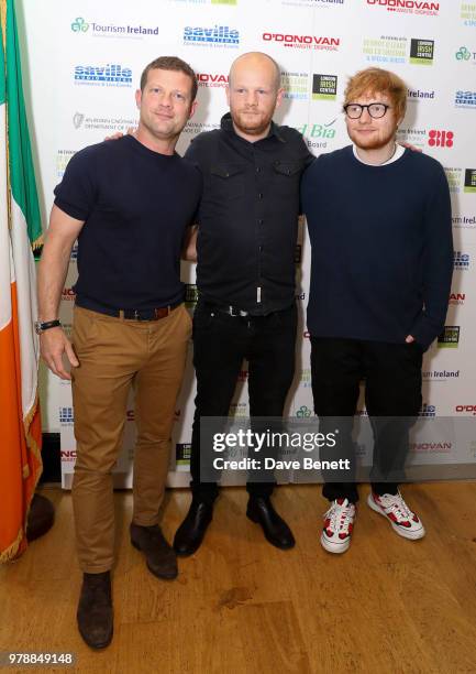 Dermot O'Leary, Gary Dunne and Ed Sheeran attend "An Evening With Dermot O'Leary Presents...Ed Sheeran At The London Irish Centre" on June 19, 2018...