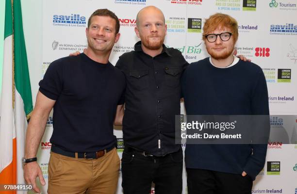 Dermot O'Leary, Gary Dunne and Ed Sheeran attend "An Evening With Dermot O'Leary Presents...Ed Sheeran At The London Irish Centre" on June 19, 2018...