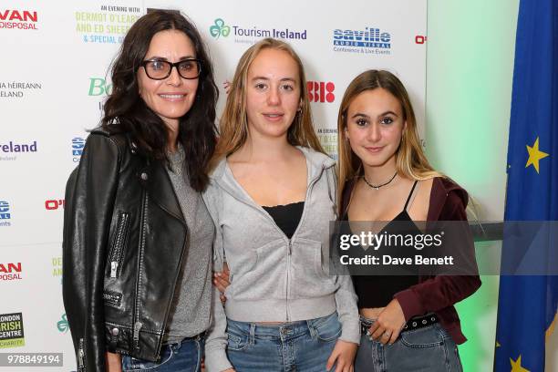 Courtney Cox, guest, and Coco Arquette attend "An Evening With Dermot O'Leary Presents...Ed Sheeran At The London Irish Centre" on June 19, 2018 in...