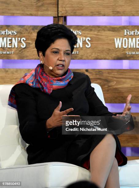 Indra Nooy speaks onstage during "Breaking Barriers, Engaging Billions: Panel" at the 2018 Forbes Women's Summit at Pier Sixty at Chelsea Piers on...