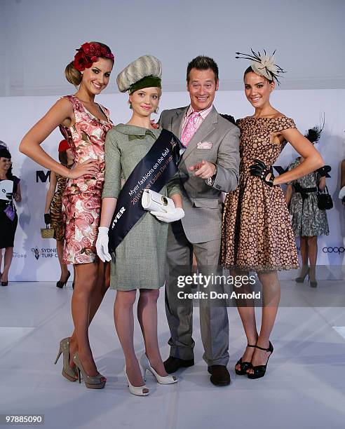 Laura Dundovic, Fashions on the Field winner Stephanie Meneve, Richard Reid and Rachael Finch attend Myer Ladies Day as part of the Golden Slipper...