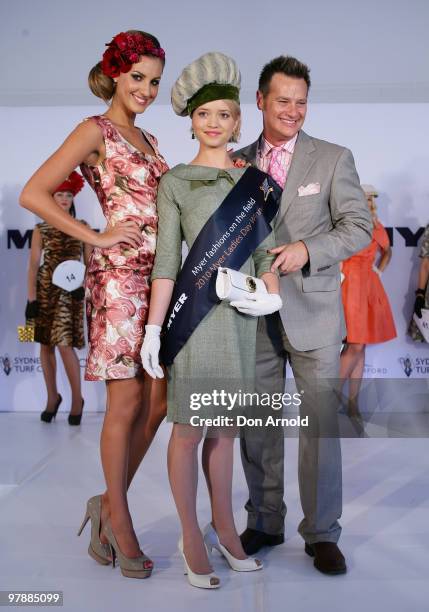 Laura Dundovic, Fashions on the Field winner Stephanie Meneve and Richard Reid attend Myer Ladies Day as part of the Golden Slipper Racing Carnival...