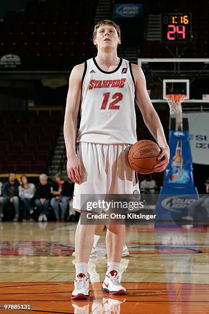 Coby Karl of the Idaho Stampede goes to the line for a free throw against the Tulsa 66ers at Qwest Arena on March 19, 2010 in Boise, Idaho. NOTE TO...