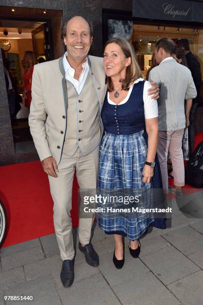 Manfred Hilscher and his wife Brigitte Hilscher attend the launch event for watchmaking company NOMOS Glashuette at Juweler Hilscher on June 19, 2018...