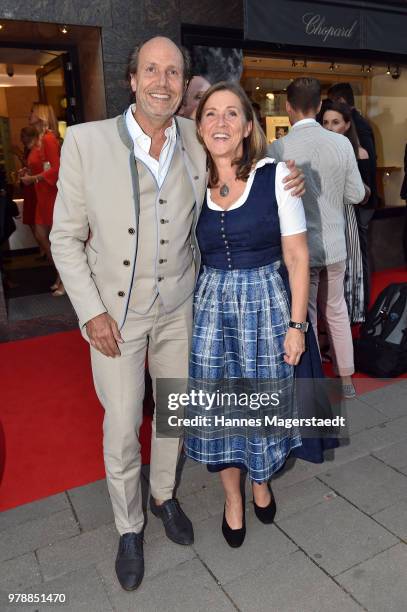 Manfred Hilscher and his wife Brigitte Hilscher attend the launch event for watchmaking company NOMOS Glashuette at Juweler Hilscher on June 19, 2018...
