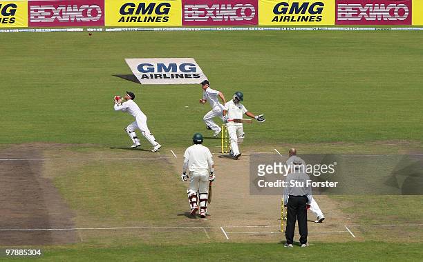 Bangladesh batsman Tamim Iqbal is caught by England wicketkeeper Matt Prior off the bowling of James Tredwell for his first test wicket on his debut...