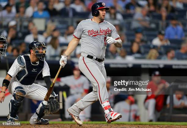 Matt Adams of the Washington Nationals in action against the New York Yankees at Yankee Stadium on June 13, 2018 in the Bronx borough of New York...