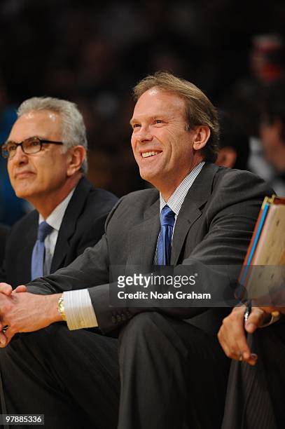 Head coach Kurt Rambis of the Minnesota Timberwolves sits on the bench during a game against the Los Angeles Lakers at Staples Center on March 19,...
