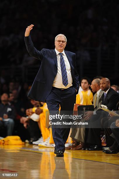 Head coach Phil Jackson of the Los Angeles Lakers paces the sideline during a game against the Minnesota Timberwolves at Staples Center on March 19,...