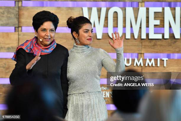 Indra Nooyi, chairman & chief executive officer, PepsiCo and Priyanka Chopra, actress, producer & activist speak onstage at the 2018 Forbes Women's...