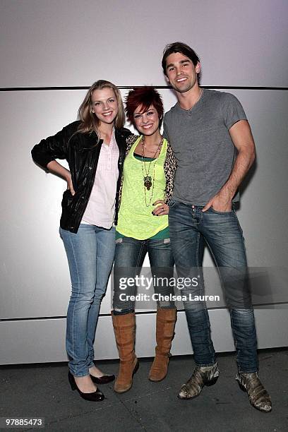 Actress Kara Killmer, singer Lacey Brown and musician Justin Gaston attend the Nokia Plaza L.A. LIVE event on March 19, 2010 in Los Angeles,...