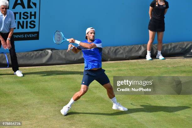 Spain's Feliciano Lopez returns to David Goffin of Belgium during their first round men's singles match at the ATP Queen's Club Championships tennis...
