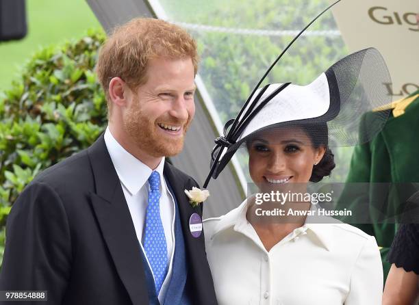 Prince Harry, Duke of Sussex and Meghan, Duchess of Sussex, making her Royal Ascot debut, attend the first day of Royal Ascot on June 19, 2018 in...