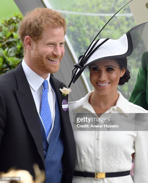 Prince Harry, Duke of Sussex and Meghan, Duchess of Sussex, making her Royal Ascot debut, attend the first day of Royal Ascot on June 19, 2018 in...