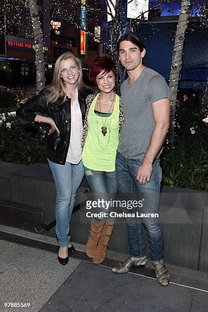 Actress Kara Killmer, singer Lacey Brown and musician Justin Gaston attend the Nokia Plaza L.A. LIVE event on March 19, 2010 in Los Angeles,...