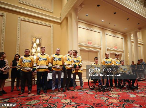 Members of the Humboldt Broncos hockey team attend a press conference prior to the 2018 NHL Awards at the Encore Las Vegas on June 19, 2018 in Las...