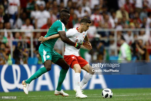 Robert Lewandowski, Salif Sane during the 2018 FIFA World Cup Russia group H match between Poland and Senegal at Spartak Stadium on June 19, 2018 in...