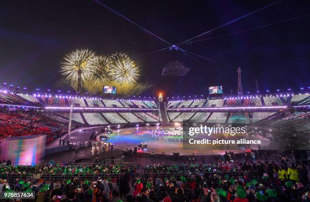 February 2018, South Korea, Pyeongchang: Olympics, Closing Ceremony, Olympic Stadium: A colourful show is staged for the closing ceremony. Photo:...