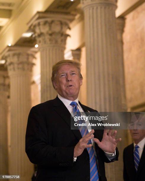 President Donald Trump arrives to Capitol Hill on June 19, 2018 in Washington, DC. The President will be addressing the house Republican conference...