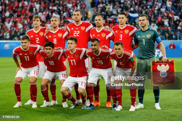 Russia national team players pose for a photo during the 2018 FIFA World Cup Russia group A match between Russia and Egypt on June 19, 2018 at Saint...