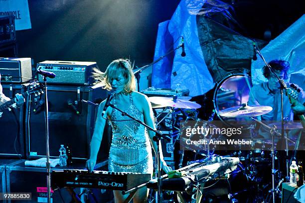 Emily Haines and drummer Joules Scott-Key of Metric perform at Stubbs Ampitheatre on March 19, 2010 in Austin, Texas.