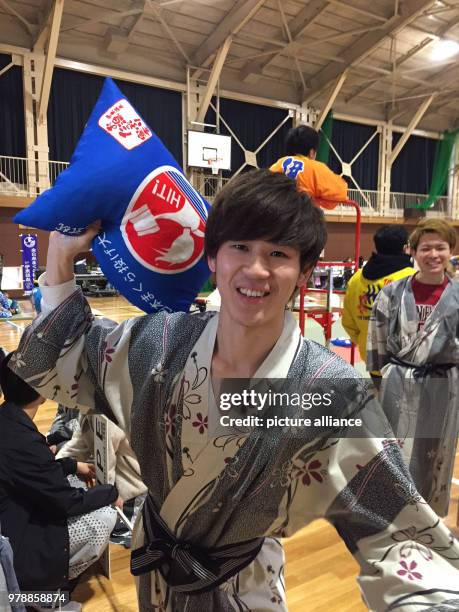 February 2018, Japan, Ito: The student of economy Kazuhiro Sugimoto and his team partake in the annual pillow fight. During the "national" pillow...