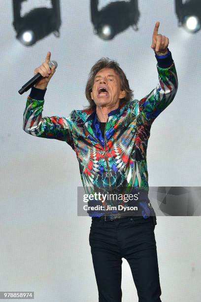 Sir Mick Jagger of The Rolling Stones performs live on stage at Twickenham Stadium during the 'No Filter' tour, on June 19, 2018 in London, England.