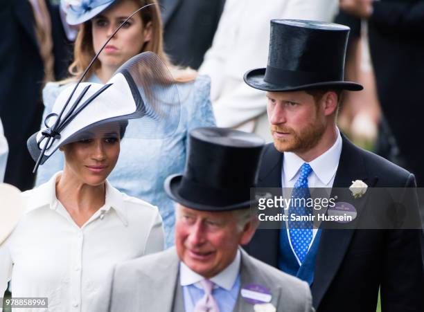 Meghan, Duchess of Sussex, Prince Charles, Prince of Wales and Prince Harry, Duke of Sussex attend Royal Ascot Day 1 at Ascot Racecourse on June 19,...