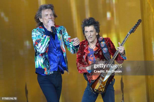 Sir Mick Jagger and Ronnie Wood of The Rolling Stones perform live on stage at Twickenham Stadium during the 'No Filter' tour, on June 19, 2018 in...