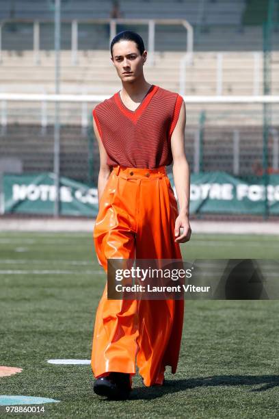 Model walks the runway during the Arthur Avellano Menswear Spring/Summer 2019 show as part of Paris Fashion Week on June 19, 2018 in Paris, France.