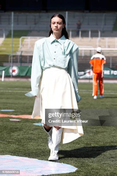 Model walks the runway during the Arthur Avellano Menswear Spring/Summer 2019 show as part of Paris Fashion Week on June 19, 2018 in Paris, France.