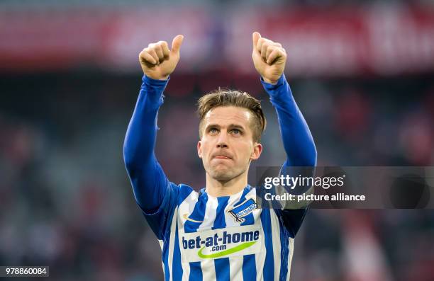 Febuary 2018, Germany, Munich: German Bundesliga soccer match between Bayern Munich and Hertha BSC, Allianz Arena. Hertha's Peter Pekarik celebrates...