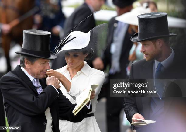 John Warren, Meghan, Duchess of Sussex and Prince Harry, Duke of Sussex attend the first day of Royal Ascot on June 19, 2018 in Ascot, England.