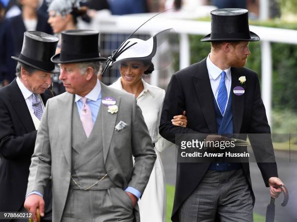John Warren,, Prince Charles, Prince of Wales, Meghan, Duchess of Sussex and Prince Harry, Duke of Sussex attend the first day of Royal Ascot on June...