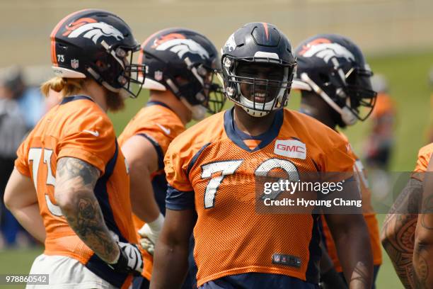 May 14: Denver Broncos offensive tackle Cyrus Kouandjio in the team's mandatory minicamp on Thursday.