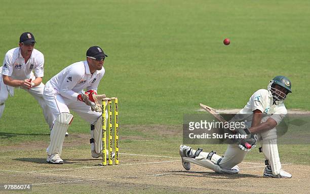 Bangladesh batsman Tamim Iqbal is caught by England wicketkeeper Matt Prior off the bowling of James Tredwell for his first test wicket on his debut...