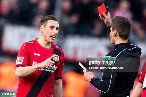 February 2018, Germany, Leverkusen, Soccer, Bundesliga, Bayer Leverkusen vs. FC Schalke 04, BayArena: Dominik Kohr of Leverkusen leaves the pitch...