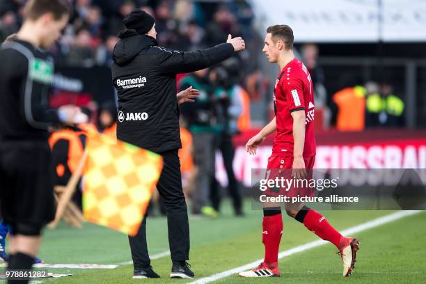 February 2018, Germany, Leverkusen, Soccer, Bundesliga, Bayer Leverkusen vs. FC Schalke 04, BayArena: Dominik Kohr of Leverkusen leaves the pitch...