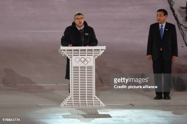 German IOC president Thomas Bach holds delivers a speech during the closing ceremony of the Pyeongchang 2018 Winter Olympic Games at the Pyeongchang...