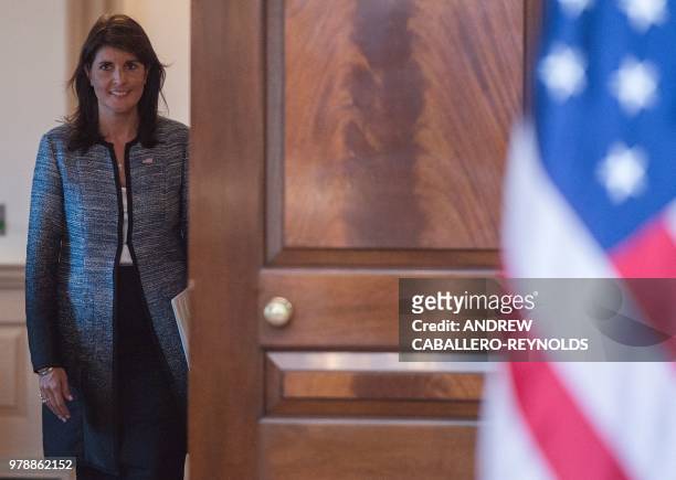 Ambassador to the United Nation Nikki Haley arrives at a press conference at the US Department of State in Washington DC on June 19, 2018. - The...