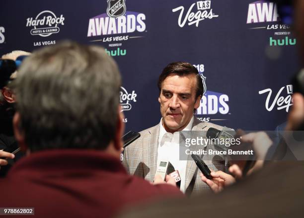 George McPhee of the Vegas Golden Knights speaks with the media during the 2018 NHL Awards nominee media availability at the Encore Las Vegas on June...