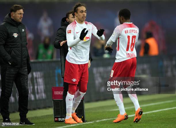Febuary 2018, Germany, Leipzig: German Bundesliga soccer match between RB Leipzig and 1. FC Cologne, Red Bull Arena: Leipzig's coach Ralph...