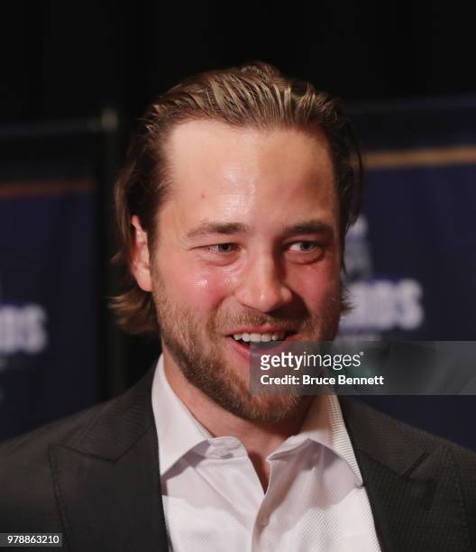 Victor Hedman of the Tampa Bay Lightning speaks with the media during the 2018 NHL Awards nominee media availability at the Encore Las Vegas on June...