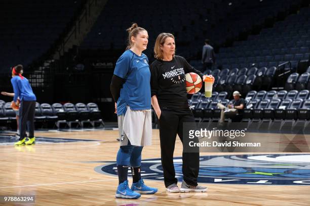 Head Coach Cheryl Reeve and Lindsay Whalen of the Minnesota Lynx look on before the game against the Dallas Wings on June 19, 2018 at Target Center...