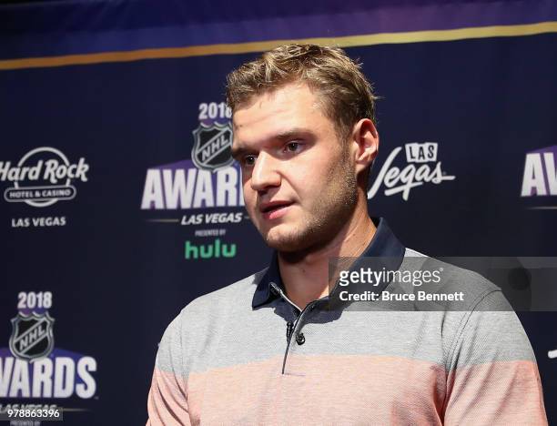 Aleksander Barkov of the Florida Panthers speaks with the media during the 2018 NHL Awards nominee media availability at the Encore Las Vegas on June...