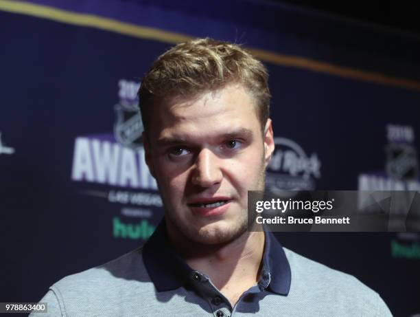 Aleksander Barkov of the Florida Panthers speaks with the media during the 2018 NHL Awards nominee media availability at the Encore Las Vegas on June...