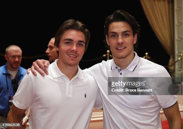 Rookie of the year candidates Clayton Keller and Matthew Barzal pose for a photo during the 2018 NHL Awards nominee media availability at the Encore...