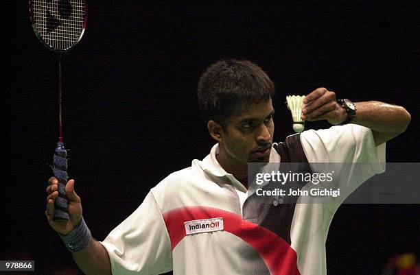 Pullela Gopichand of India on his way to a win today against Anders Boesen of Denmark during the Yonex All England Badmindton Championships in...