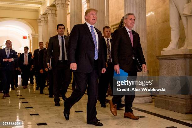 President Donald Trump and Rep. Kevin McCarthy leave Capitol Hill on June 19, 2018 in Washington, DC. The President addressed the house Republican...