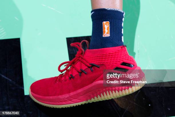The sneakers worn by Layshia Clarendon of the Atlanta Dream are seen prior to the game against the New York Liberty on June 19, 2018 at Westchester...